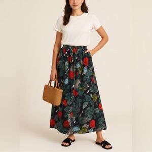 VINTAGE | Viscose Colorful Floral Tropical  Midi Skirt